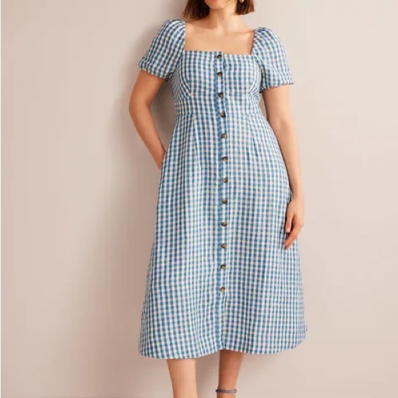 Boden Square Neck Linen Midi Dress in Delphinium Blue Gingham Size 10 NWT - Picture 3 of 7